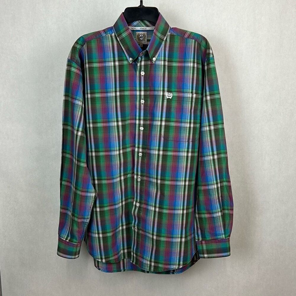 Cinch Button Down Shirt Sz Medium Long Sleeve Plaid Blue Green Button Front Up
